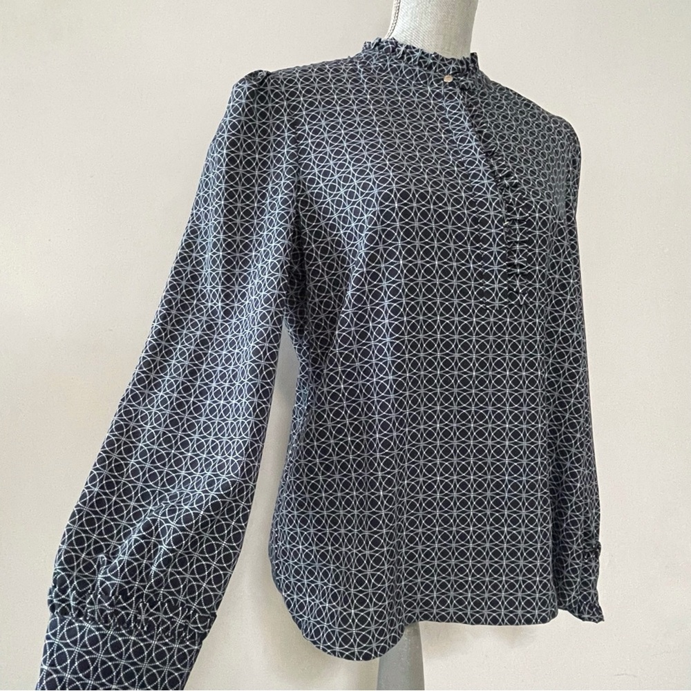 Tommy Hilfiger blouse high neck ruffle detail vintage print navy balloon sleeve
